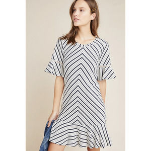 Maeve Anthropologie Galena Striped Flounce Tunic Tee T Shirt Dress XS Cream Navy
